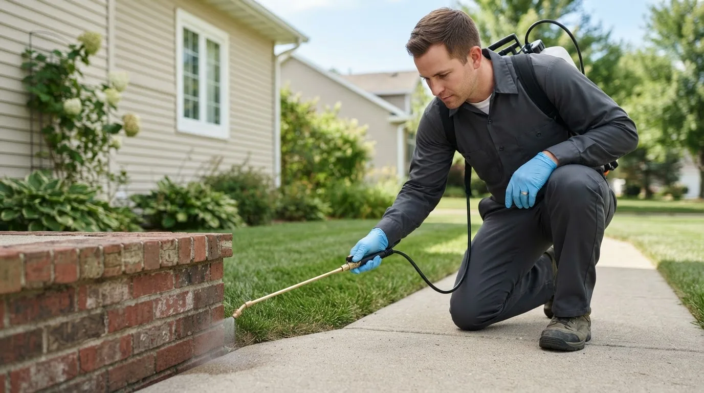 Pest control technician treating a home near Quimby, IA