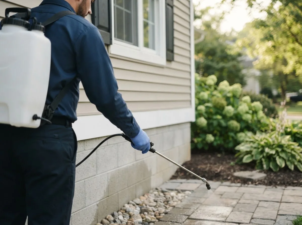 Pest control technician inspecting a home in Quimby, IA